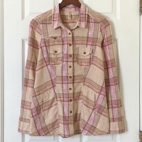 Free People Plaid Linen Blend Long Roll Tab Sleeve Button Down Shirt Tan Pink S - Picture 1 of 15